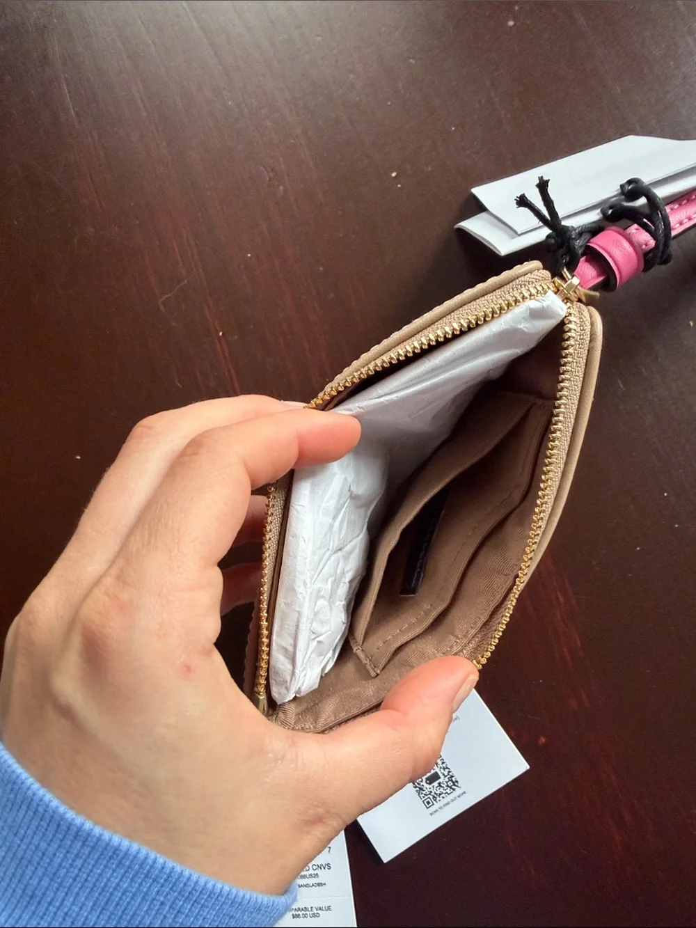 Coach Pink Plaid Zip Wristlet with Gold Logo